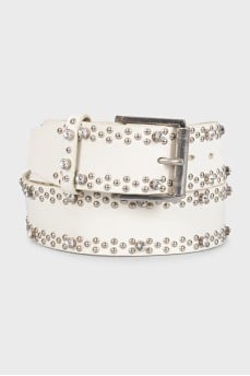 White leather belt decorated with rhinestones