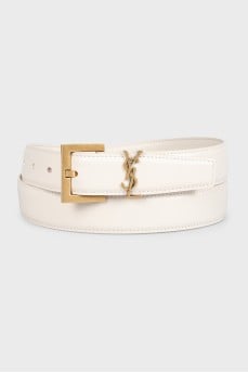 White leather belt with gold logo
