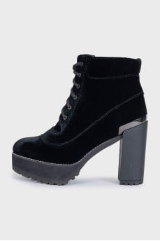 Velvet lace-up ankle boots with heels