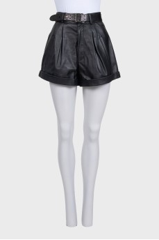 Black leather shorts with a belt