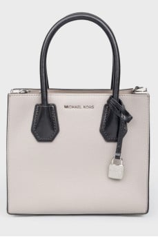 Gray leather bag with white inserts