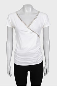 White embellished t-shirt with a cutout