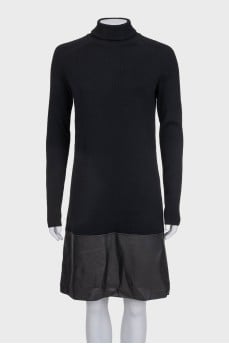 Black wool dress with leather insert