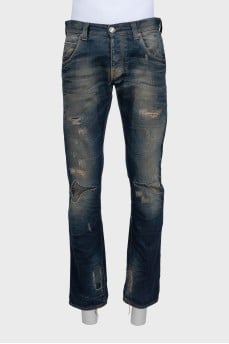 Men's dark blue distressed jeans