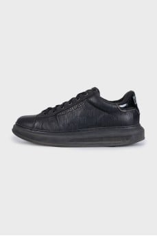 Men's black leather sneakers with embossing