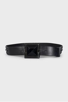 Black leather belt with a massive buckle