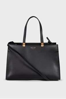 Black leather tote bag with strap