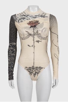 Beige printed bodysuit with an open back