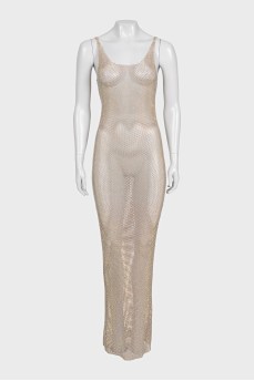 Mesh dress decorated with rhinestones with a tag