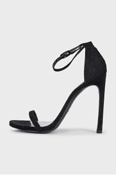 Shiny black suede heeled sandals
