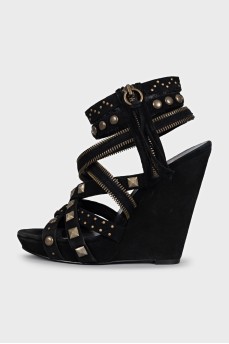 Suede wedge sandals with embellishments