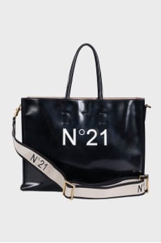 Black leather tote with white logo
