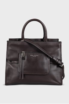 Brown leather tote with patch pocket