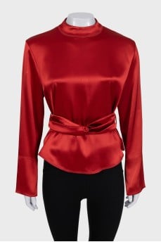 Red satin blouse with a belt