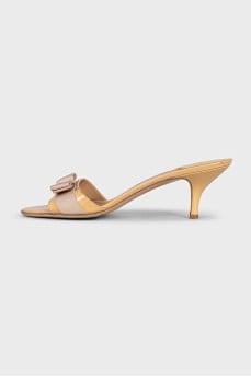 Patent leather heel mules with a bow