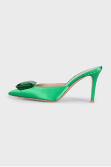 Textile mules with heels and tag
