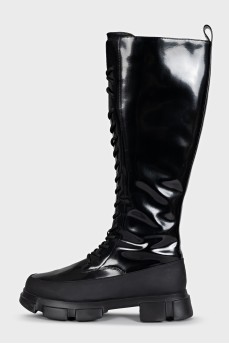 Black patent leather boots with zip and laces