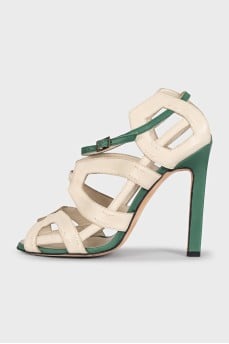 Two-tone leather high-heeled sandals