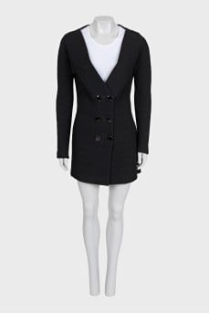 A suit consisting of a long jacket and a miniskirt