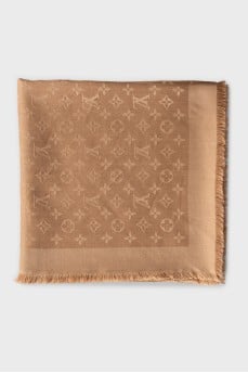 Brown scarf with fringe in the signature print