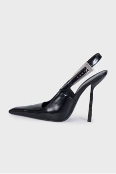 Black leather slingbacks with silver hardware