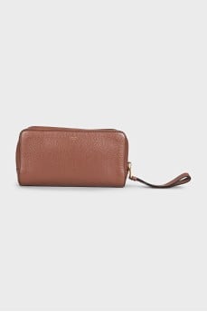 Brown leather clutch with logo