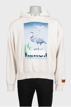 Men's white hoodie with print and patch pocket