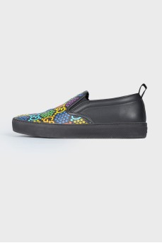 Leather multicolor print slip-ons