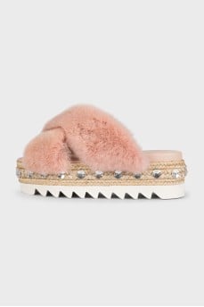 Pink flip flops with embellished platform