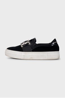 Velour slip-ons with crystals