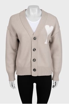 Beige wool cardigan with logo