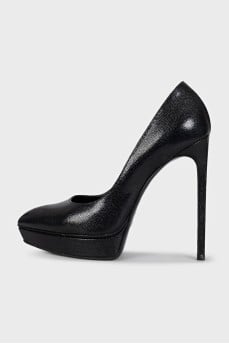 Black textured leather heels