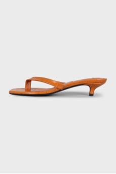 Orange embossed heeled flip flops