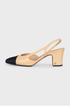 Beige leather shoes with textile inserts