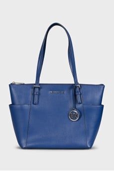 Blue leather bag with logo