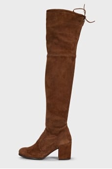 Brown suede over-the-knee boots with heels