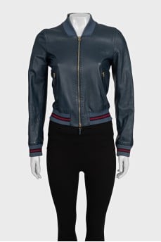 Blue leather bomber jacket