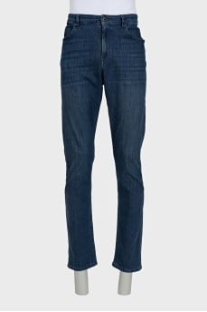 Men's dark blue jeans with leather jacron