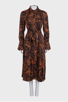 Brown printed long sleeve dress