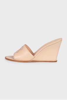 Beige leather logo wedge mules