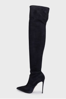 Замшеві ботфорти чорного кольору на шпильці