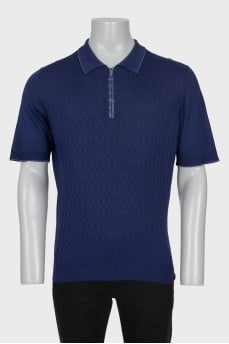 Men's blue polo shirt with leather insert and buckle