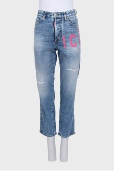 Рваные голубые джинсы straight fit с принтом