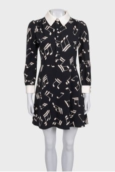 Black printed silk dress with collar