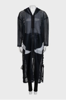 Long blue mesh cardigan with a hood