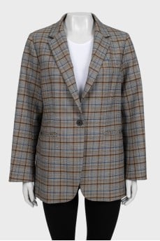 Gray straight-cut blazer with a checkered print