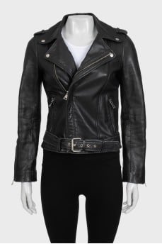 Black leather jacket with a belt at the waist