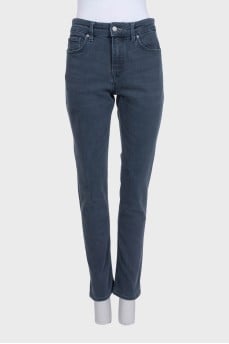 Straight-leg blue jeans with leather trim