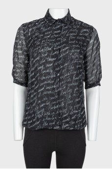 Translucent blouse text print shirt