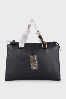 Black leather tote bag with tag